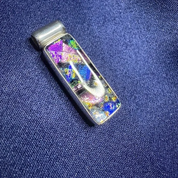 Pendant*Dichroic Glass 925 Solid Sterling Silver Setting Colorful Bar - Picture 3 of 11